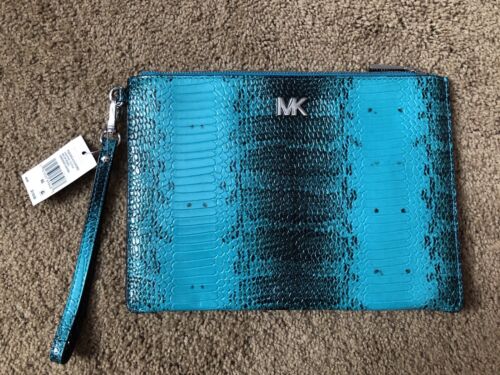 Michael Kors Tile Blue Python Snake Medium Zip Pouch Clutch Embossed Leather - Picture 1 of 6