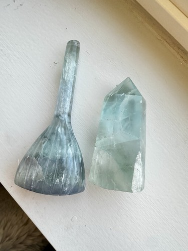 Blue Green Fluorite Tower And Witch Broom Crystal Carving Set