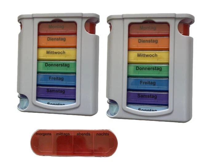 MARKENLOS 2x Tablettenbox Pillenbox Medikamentenbox Reise Box 7 Tage 4 Fächer bunt