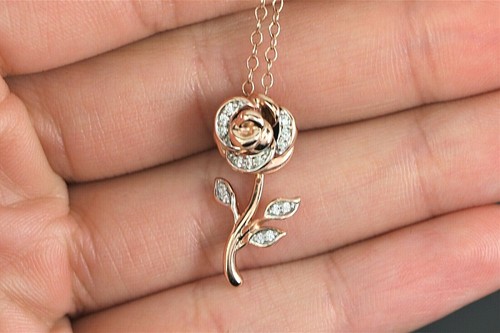 10K Pink Rose Gold Diamond Enchanted Disney Belle Flower Rose Pendant Necklace - Picture 9 of 9