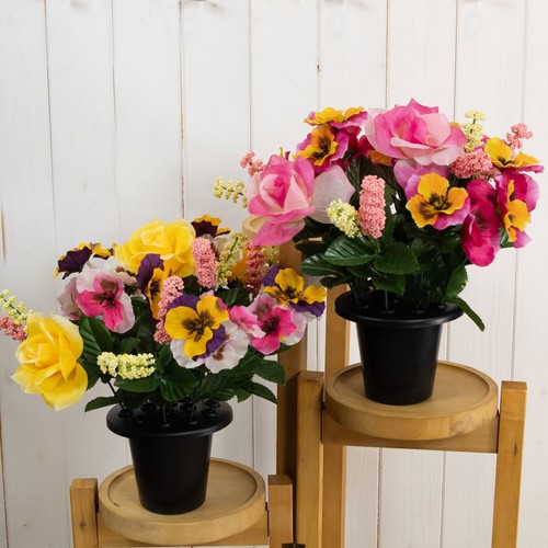 2 x Artificial Pansy & Rose Flowers in Grave Pots - Memorial Vase Insert (Pair) - Picture 4 of 4