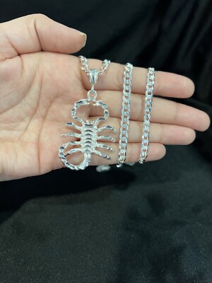 .925 Sterling Silver Men's Big Scorpio Scorpion Alacran & Curb Chain 22 26 30