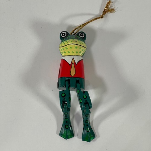 Mensola ornamento rana snodata in legno fatta e dipinta a mano seduta buona fortuna - Foto 8 di 13