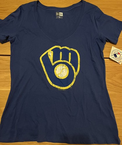 Milwaukee Brewers Women's Deep V-Neck Team Logo T-Shirt Sz L New Era - New