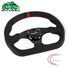 BLACK 13inch Flat Dish D Shape Genuine Leather Sport Racing Steering Wheel 320mm