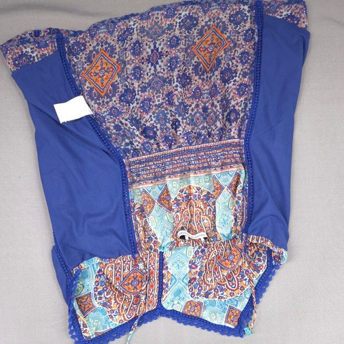 Womens Top Medium Blue Mixed Print Cami Crochet Knit Pullover Lined Boho Flair - Picture 8 of 13