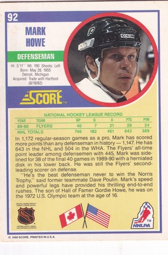 1990-91 Score #92 Mark Howe Philadelphia Flyers + (Yes 4 Free Mystery Cards) - Picture 2 of 2
