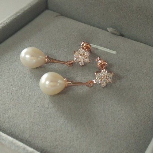 2 Pairs Rose Gold Pear-Shaped CZ Freshwater Pearl Earrings Bride Gift Box PE5 - Bild 2 von 5