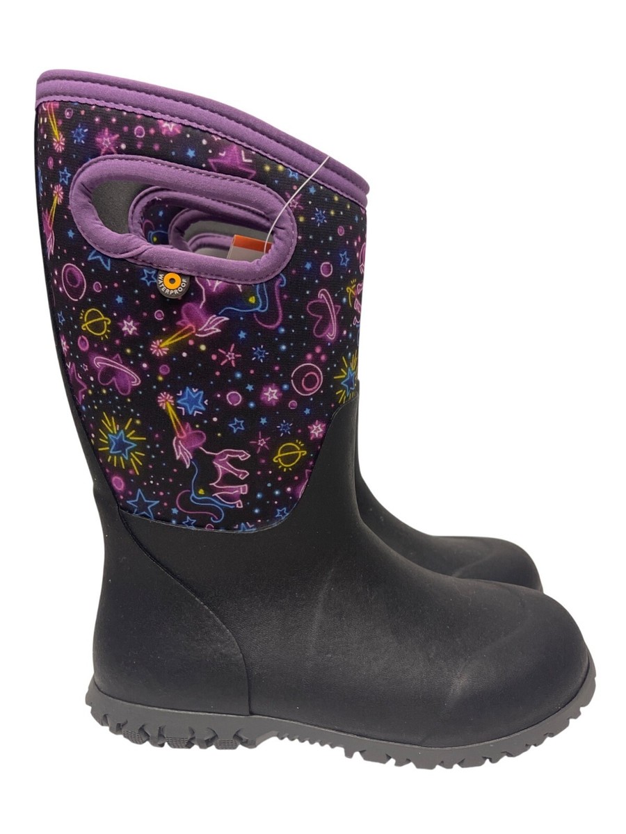 NEW! BOGS Girl's Youth York Neon Unicorn Black Purple Rain Winter