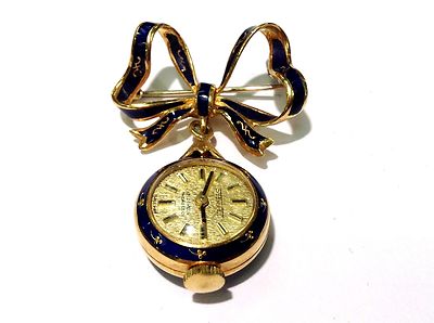 Vintage Estate 14k Yellow Gold and Enamel Bow Pin Watch | eBay display picture 1