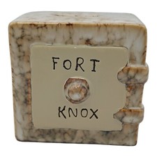 Vintage Marbleized Glazed Ceramic Pottery Fort Knox Safe Coin Bank With Stopper