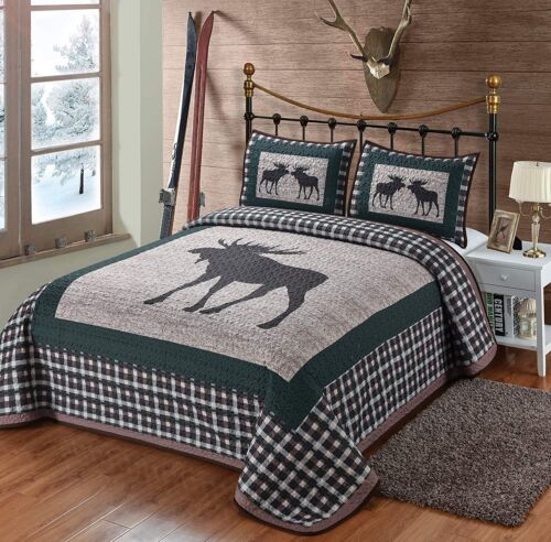 Moose Quilt King Size Bedding Set Lodge Cabin Mountain Style Bedspread Coverlet