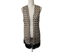 Chicos Fringe Vest Womens Sz 2 US 12 Black Brown Metallic Chevron Open Boho