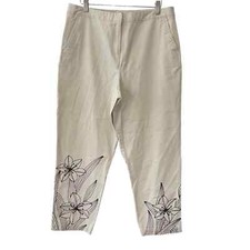 Talbots Womens Embroidered Ankle Pants Size 14 Cotton Beige/Brown Pockets