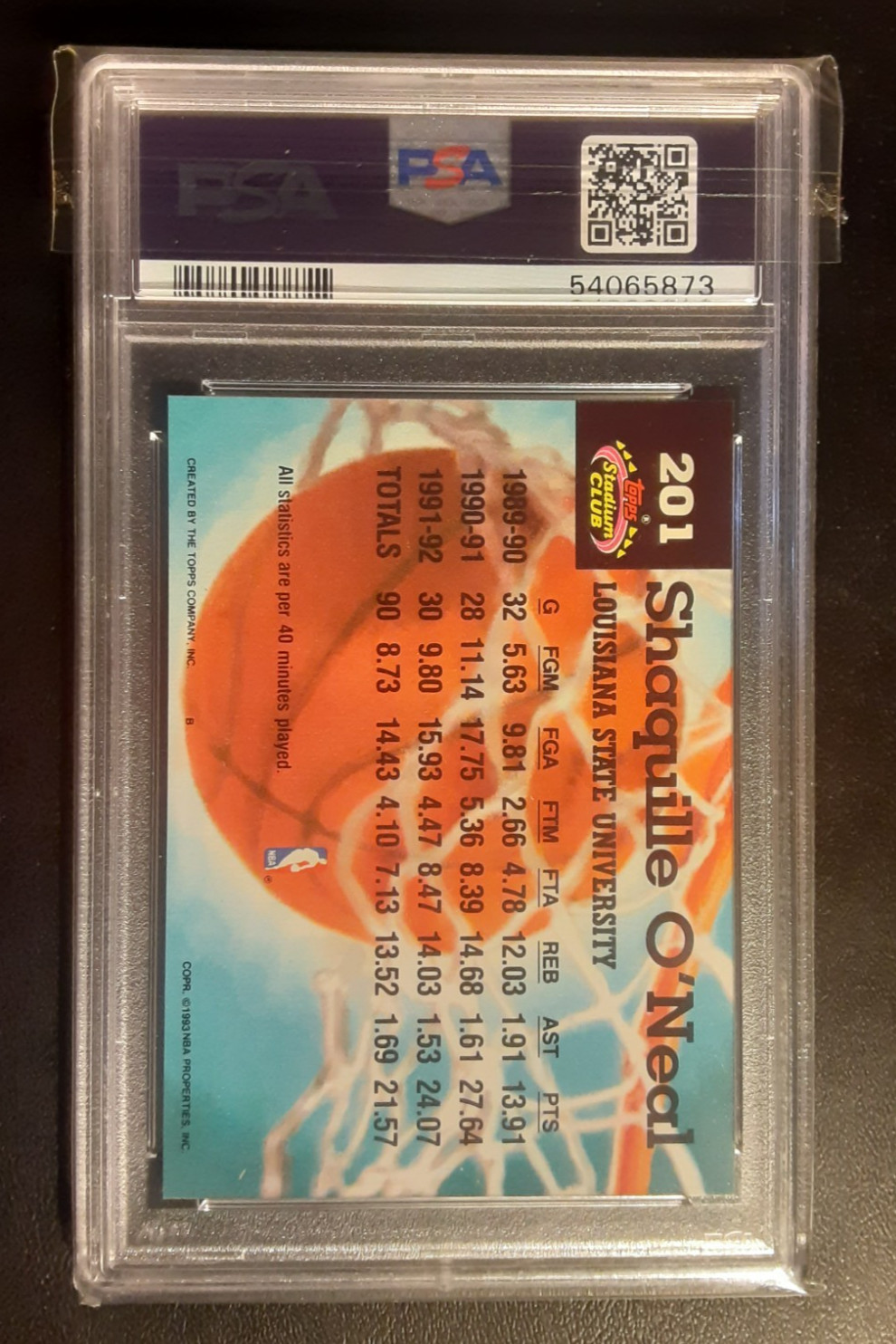 1992-93 Stadium Club #201 Shaquille O'Neal PSA 9 RC view 2
