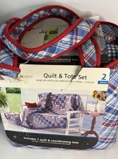 Mainstays King Quilt & Tote Set Red White Blue Plaid Americana Patriotic