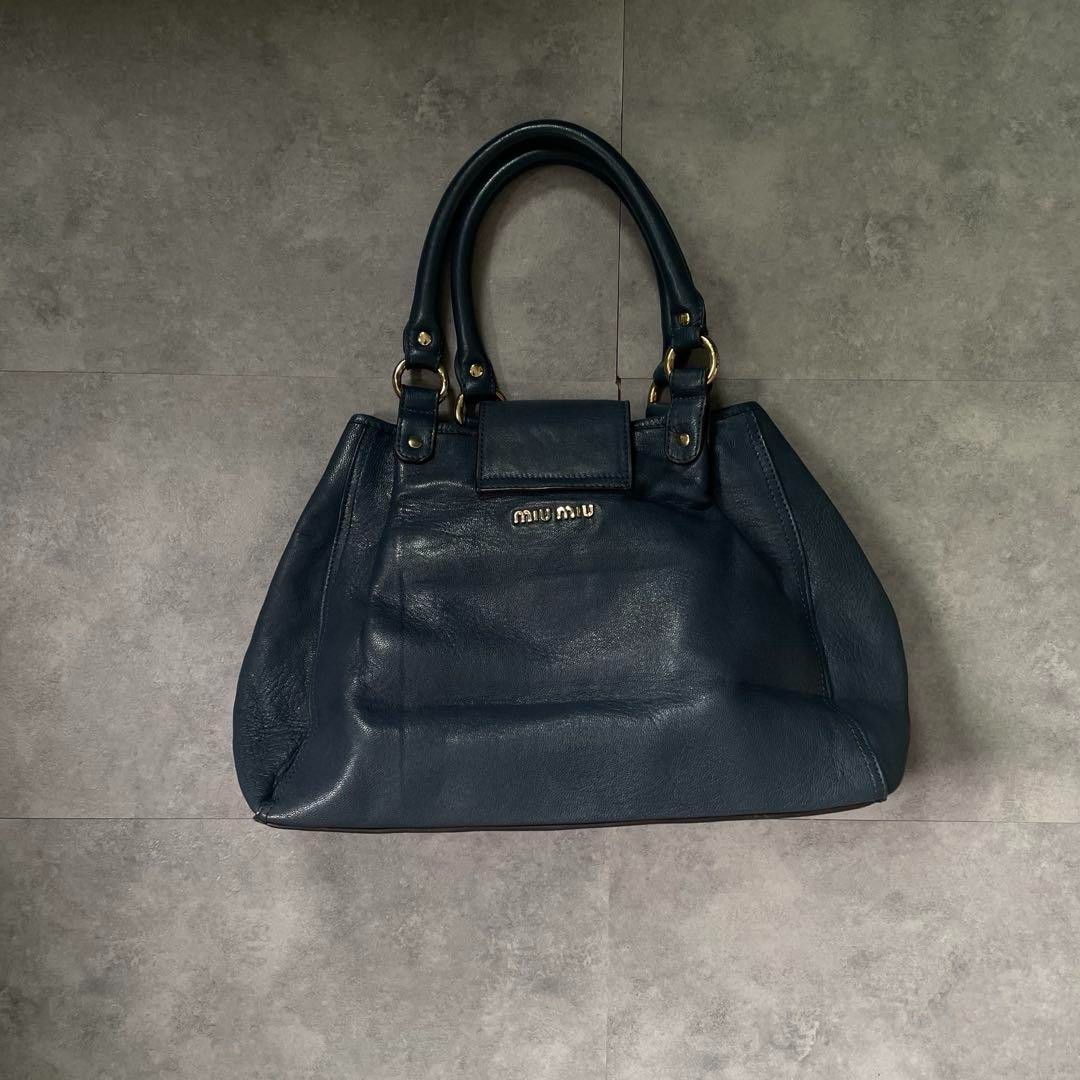 archive miu miu Hand Bag y2k ミュウミュウ　バッグ Miu Miu Hand Shoulder Bag Logo Leather Bow Navy 2way Y2K