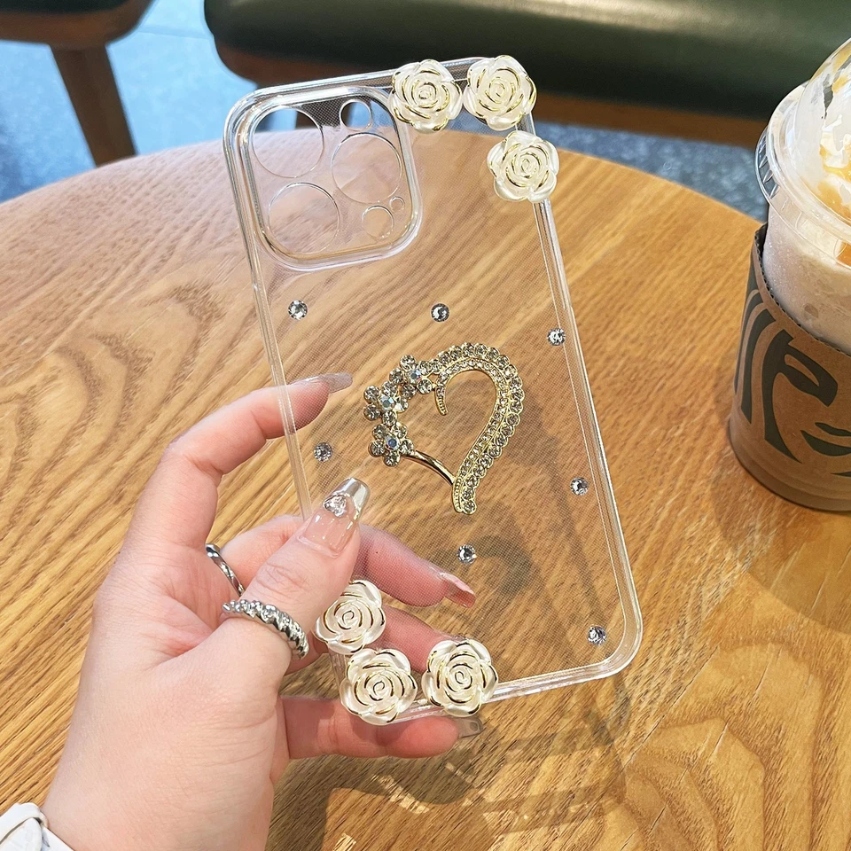 Glitter Diamond Love Rose Case For iPhone Samsung Honor Clear Phone Cover Skin - Image 3 of 4