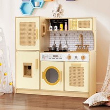 Wooden Kids Kitchen Playset Pretend Play Kitchen w/ Real Sounds Lights Pink