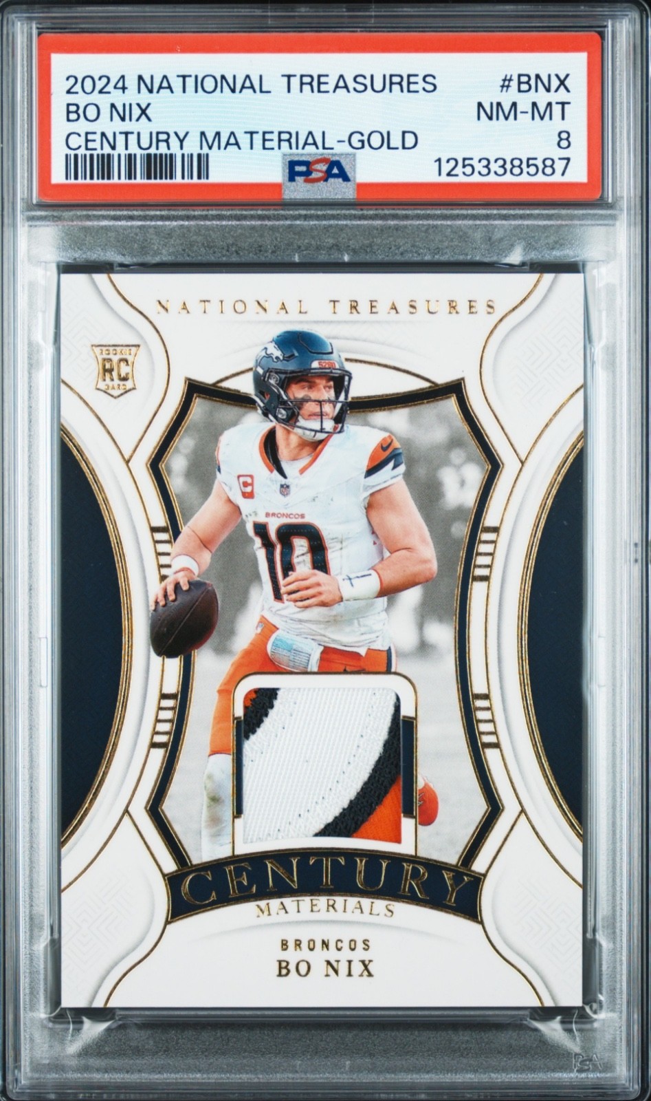 2024 Panini National Treasures #CM-BNX Bo Nix Century Materials Gold #/49 PSA 8