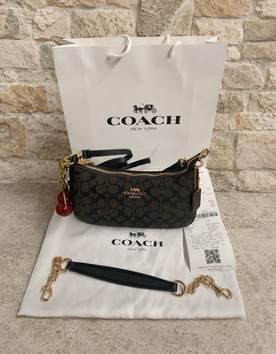 Coach Signature Logo Canvas Umhängetasche klein Braun/Schwarz RV gold, Träger