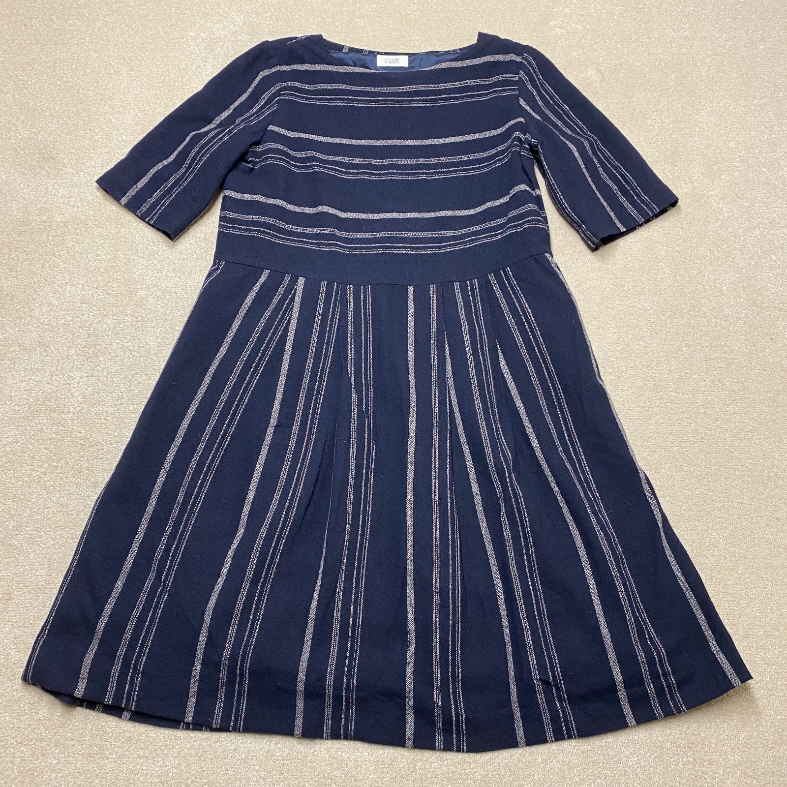 Toast Midi Dress UK 14 Navy Blue Ecru Stripe Wool Gauze Moroccan Boat Neck