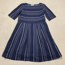 Toast Midi Dress UK 14 Navy Blue Ecru Stripe Wool Gauze Moroccan Boat Neck