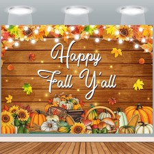 Happy Fall Y'all Backdrop 7X5FT Autumn Maple Leaves Pumpkin Wood Wall Photogr...