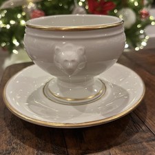 Apilco France Porcelain Lions Head Bowl Gold Rim White W/Saucer