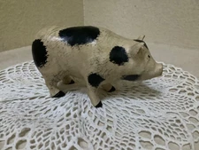 Antique/Vintage (?) FOLK ART COMPOSITION PIG HAND-PAINTED BLACK SPOTS 5 1/2”