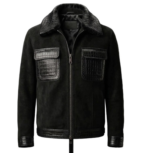 Men's Black Genuine Lambskin Suede & Croco Leather Military Field Casual Jacket