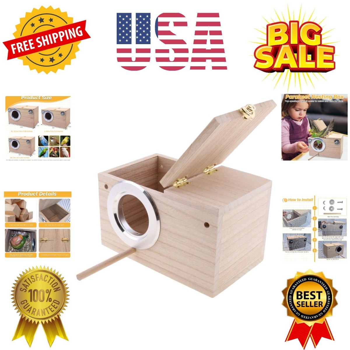 Birds Parakeet DI ダイレクトボックス Parakeet Nesting Box Bird House for Cage Wood Mating Box Bird