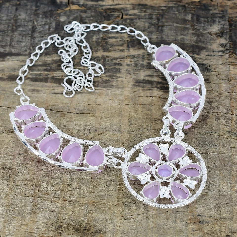 Rosa Calcedonio Gemma 925 Argento Sterling Mano Gioielli Collana Love Regalo - Immagine 4 di 4