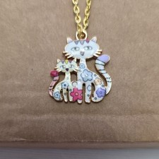 Floral Cat Pendant Necklace - Gold and Multicolor