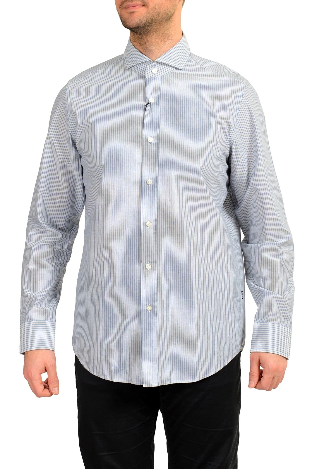 Hugo Boss Men's "Sean_1" Regular Fit Striped Linen Long Sleeve Shirt US L IT 52