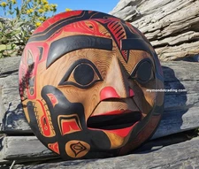 Northwest native American hand carved MOON Mask, authentic Indigenous art signed