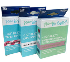 Brother P-Touch Embellish TZe 1/2" 0.47" Tape/Satin Ribbon NEW; LOT OF 3 