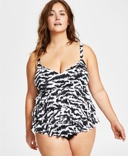 Swim Solutions Black/White Plus Size Triple Tier Fauxkini Swimsuit, Size 24W