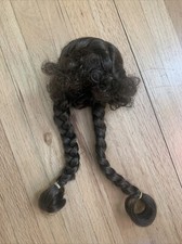 DOLL WIG Size 12 Brunette Long Braids, Middle Part Curly Bangs Unbranded