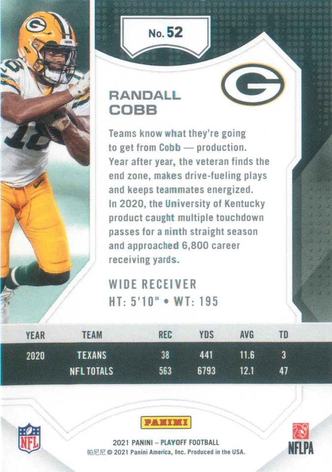 Randall Cobb 2021 Panini Playoff Football NFL Base Card #52 Green Bay Packers - Image 2 of 2