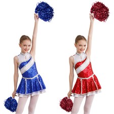 Kids Girls Cheerleading Performance Uniform Sports Dress With Pom Poms Sequins