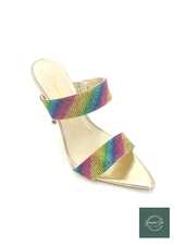 Women's Gold Rainbow Rhinestone Dual Strap Open Toe Heels