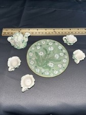 Vintage Miniature Tea Set Daisies Green 4 Teacups, Teapot With Lid And Platter