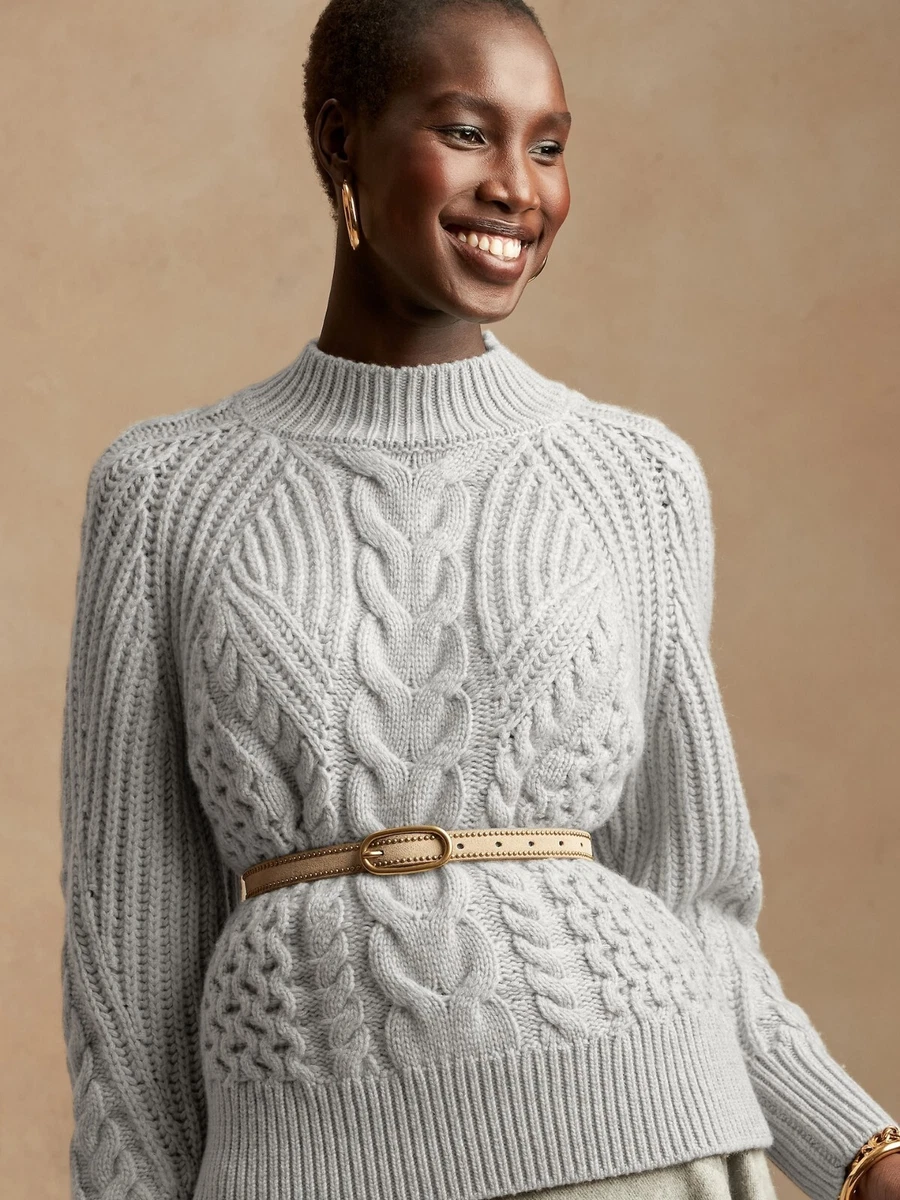 NWT Lofty BANANA REPUBLIC GREY Cable-knit CASHMERE SWEATER Large