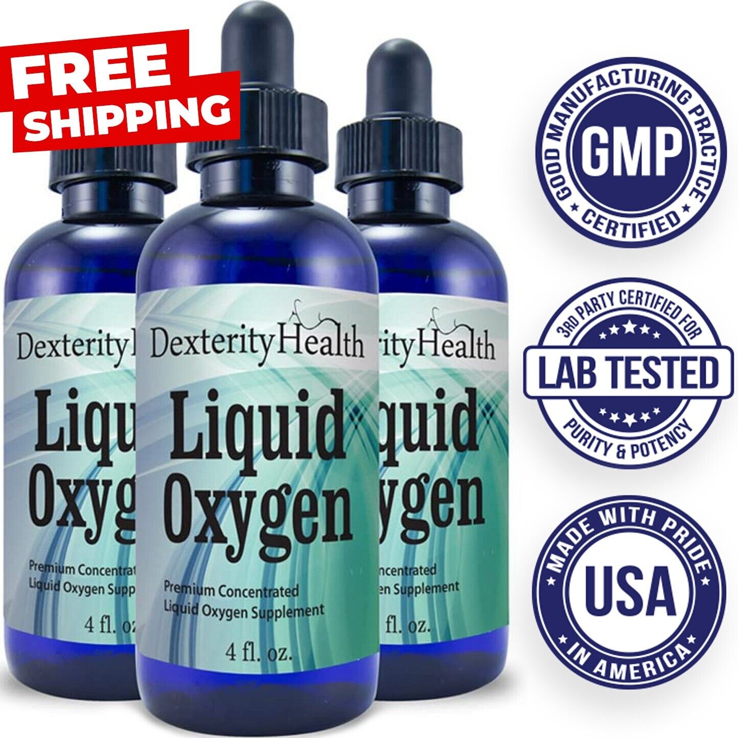 Liquid Oxygen Drops 3-Pack of 4 oz. Dropper-Top Bottles Vegan 100% Pure USA