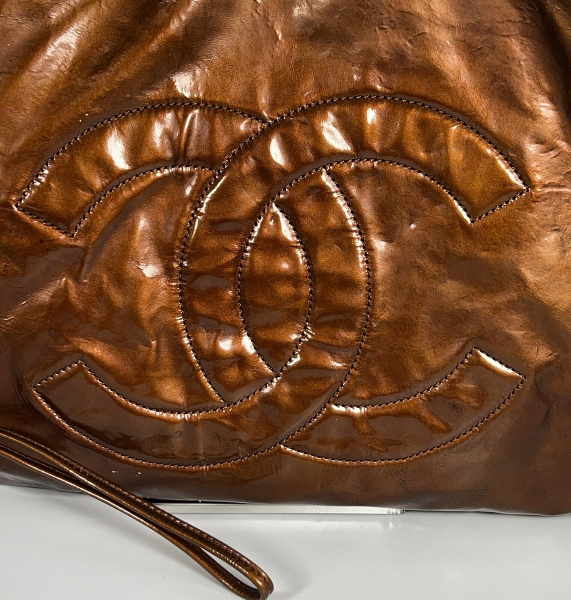 Chanel Brown Shinny Patent Leather Bon Bon Tote Bag Silver
