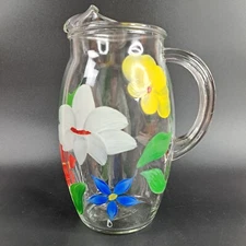 Vintage Gay Fad Bartlett & Collins Glass Pitcher Hand Painted Flowers 7-1/2" T