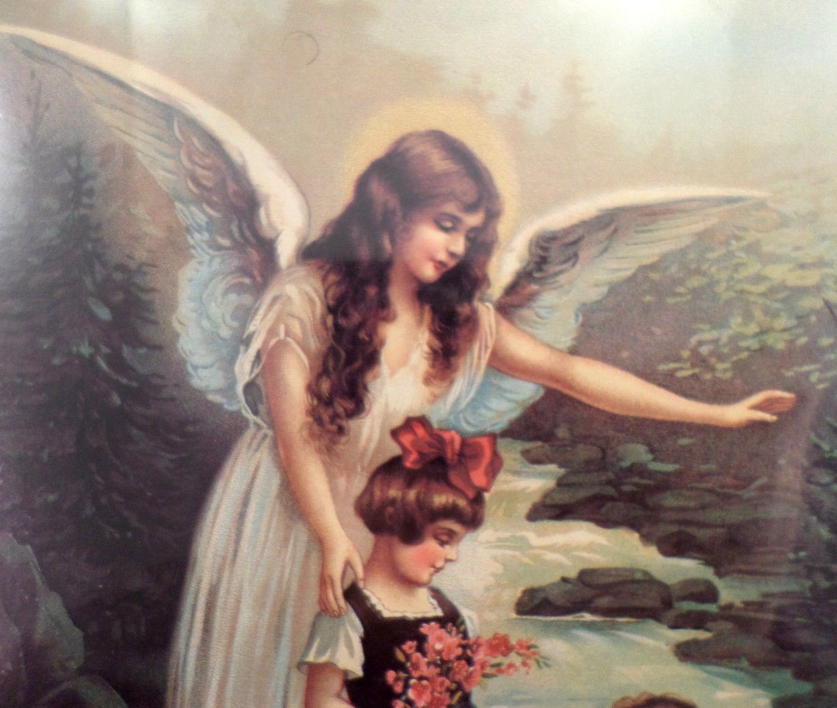 Victorian Lithograph Print Picture Angel On A Bridge With Children
