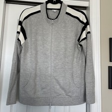 Minnie Rose Gray w Black Stripe Cotton Long Sleeve Full Zip Front Sweater Sz M