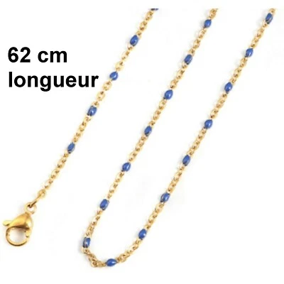 Collier,chaîne très fine femme mini perle émail Bleu Acier Inoxydable 62cm Neuf - Photo 1/4